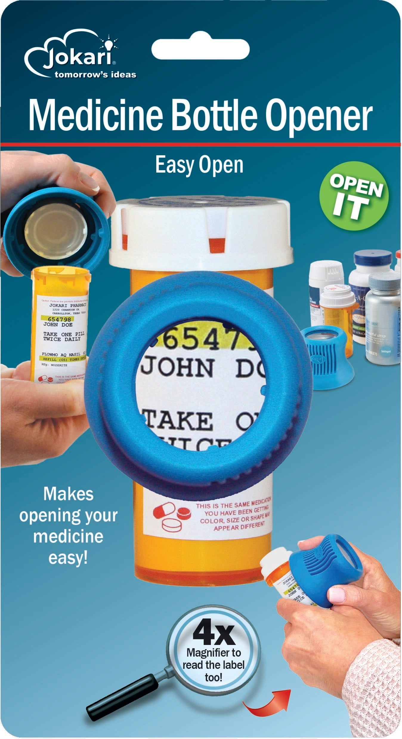 Jokari Easy Open Prescription Medicine Bottle Opener and Built In Magnifying Glass 2 Pack.