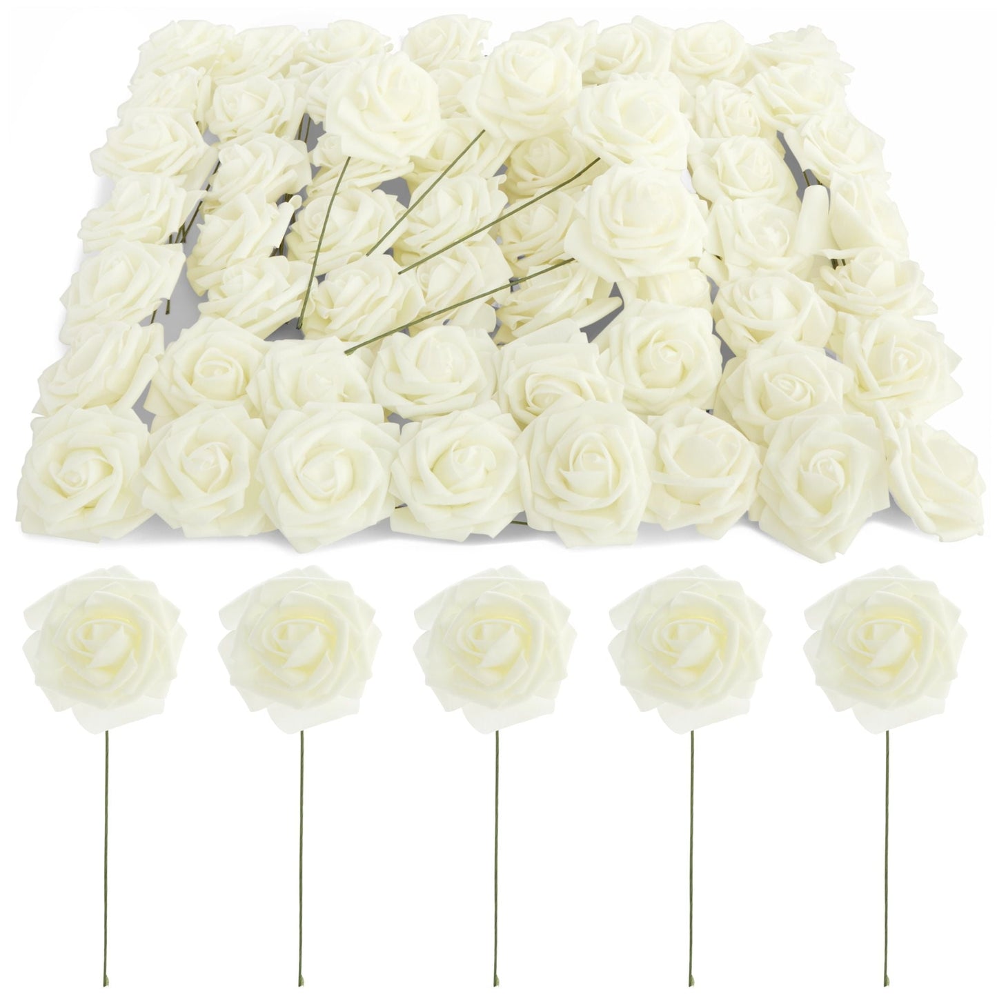 60 Pack White Artificial Roses with Stems, Fake Faux Flowers Heads Bulk for Wedding Bouquets DIY & Bridal Shower, Cream, 3 inch