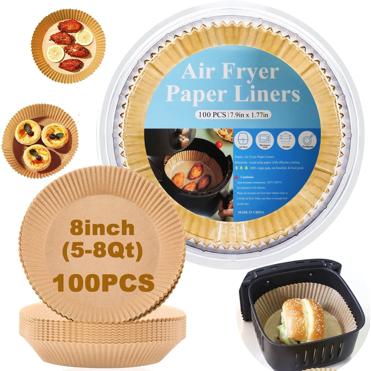 M BUDER Air Fryer Disposable Paper Liners, 100PCS Non-Stick Air Fryer Parchment Liner, Oil Resistant, Waterproof, Food Grade Baking Paper for 5-8 QT Air Fryer Baking Roasting Microwave 8inch