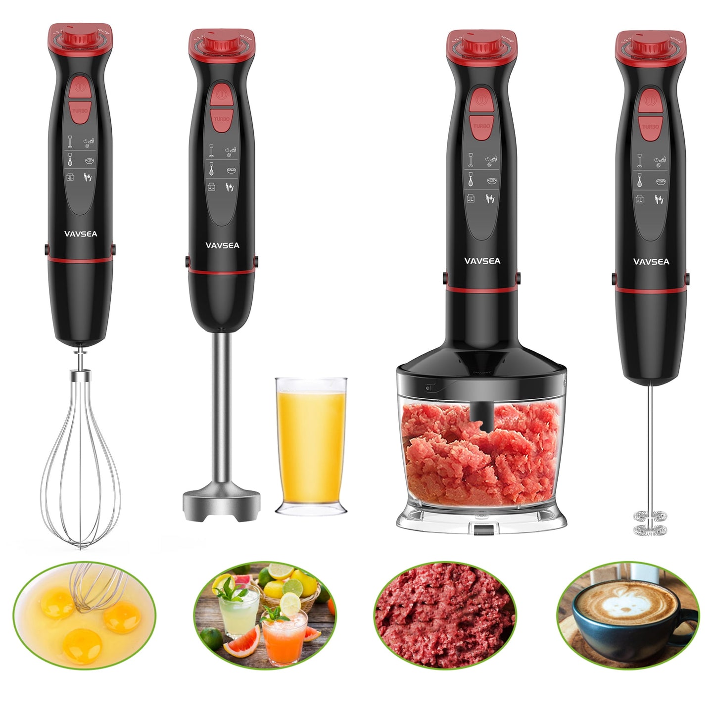 VAVSEA Immersion Hand Blender, 12-Speed Multi-Function Handheld Stick Blender with Stainless Steel Blades, Chopper, Beaker, 600ml, Whisk and Milk Frother for Baby Food/Smoothies/Puree, BPA Free